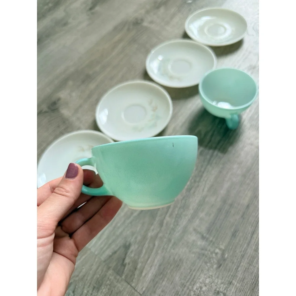 Vintage Pyrex Family‎ Flair Aqua Cups and Pine Needle Saucers Set of 6